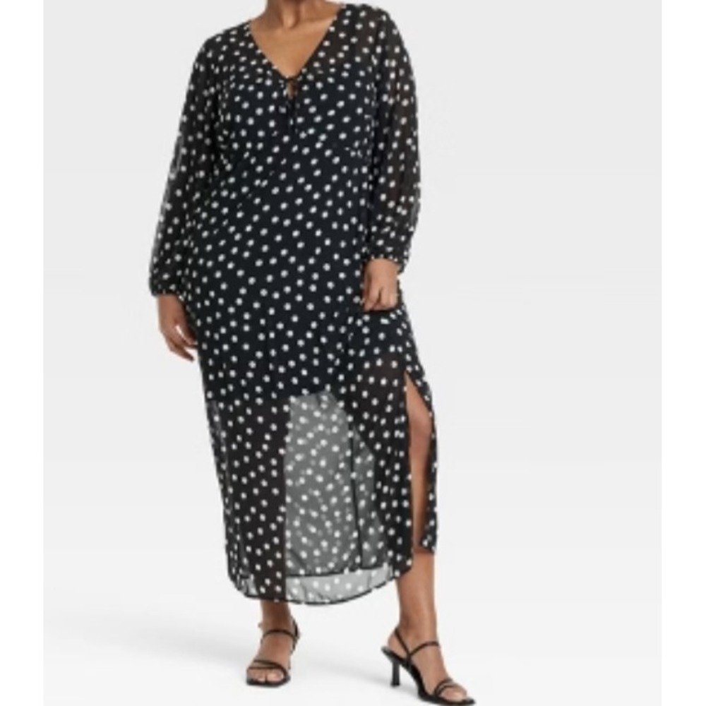 Ava & Viv/Balloon/Long Sleeve/Maxi/Shift/Dress/Black/Polka Dots/V Neck/Plus/XXL